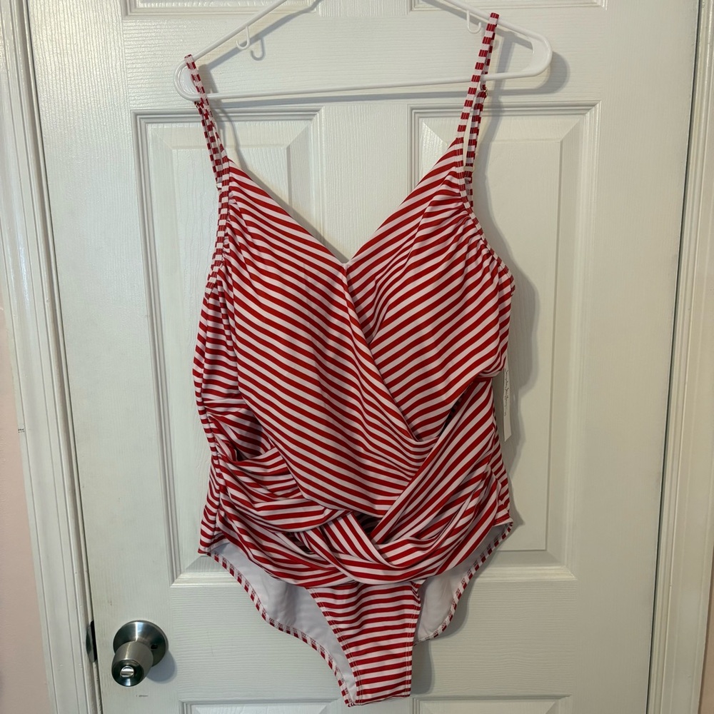 Nicole Miller Red and White Striped One Piece Swimsuit with Flattering Drapery